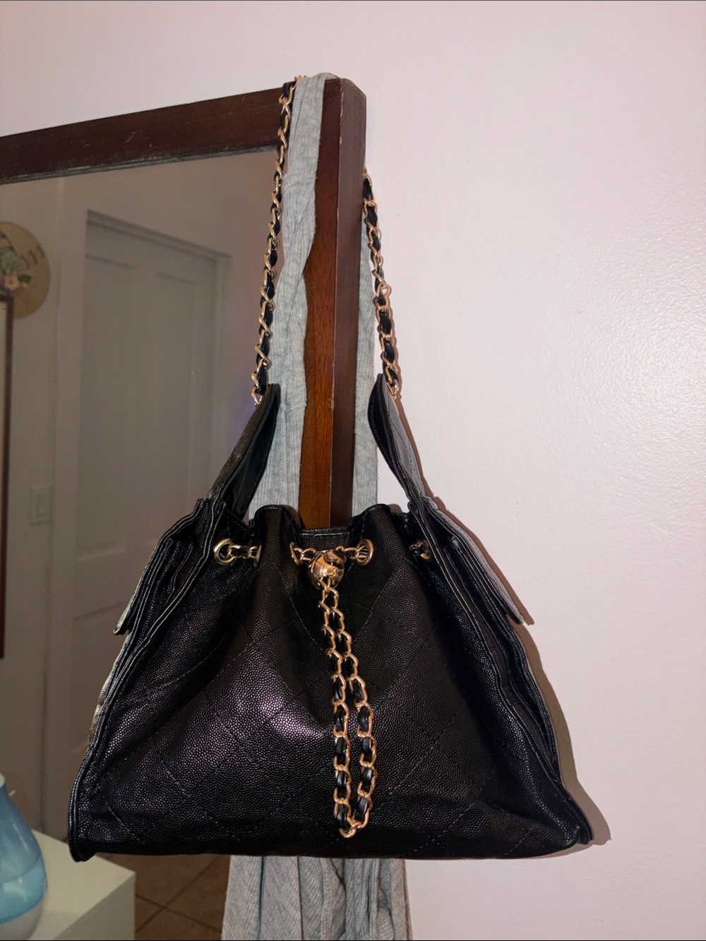 Black Quilted Chain-Accent Shoulder Bag